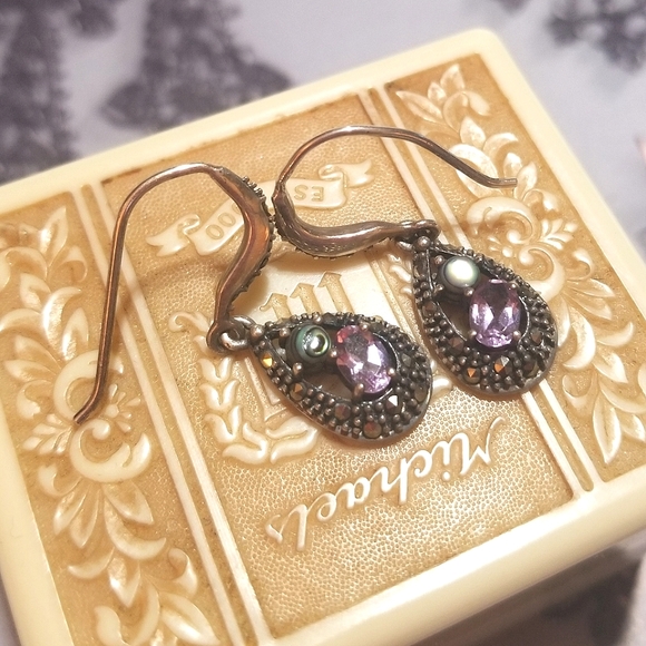 Vintage designer signed SLC 925 Sterling Amethyst Abalone Earrings - Picture 3 of 5